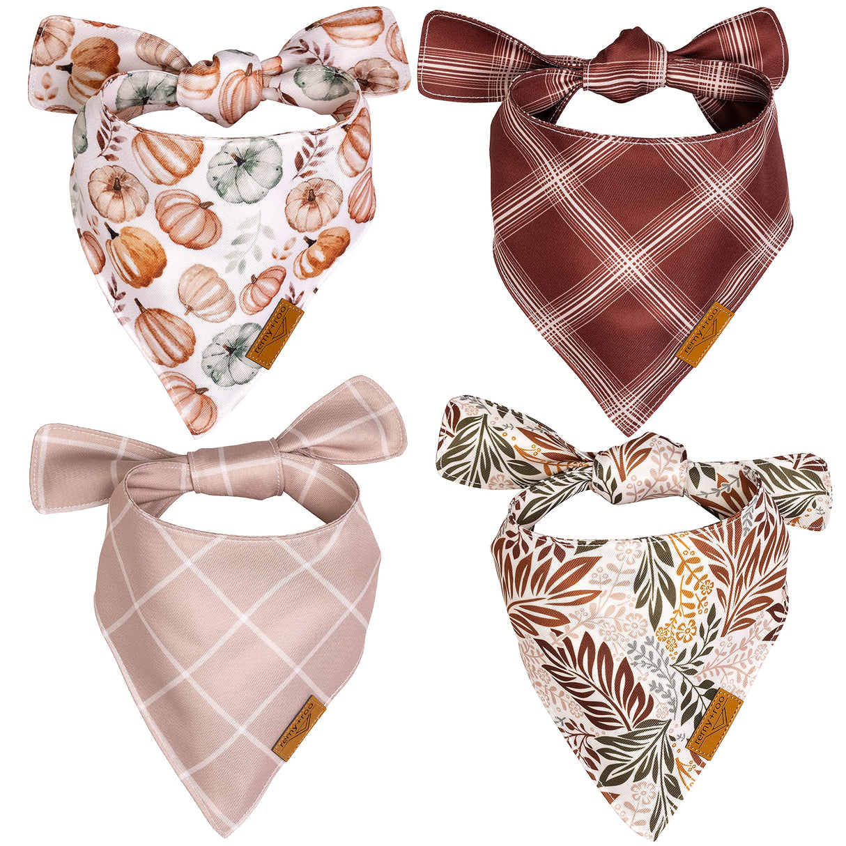 Remy+Roo Fall Dog Bandanas 4 Pack - Amber Set, Premium Durable Polyester Fabric, Patented Curved Design, Adjustable Fit for Small, Large, and XL Dogs, Trendy Patterns, Dog Fall Bandanas (Large)