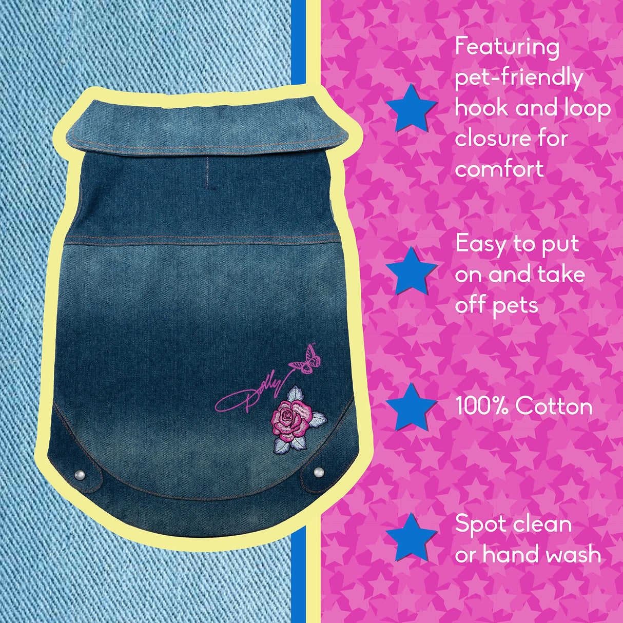 Dolly Doggy Parton Blue Denim Jacket with Collar for Dogs, Dog Apparel (Pack of 2)