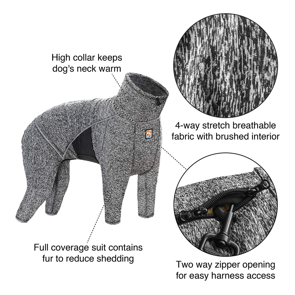 Kurgo Stowe Base Layer - Comfortable, Cold-Weather Pet Wear - Breathable Snug Fit - Dual-Zipper Dog Onesie - Reflective Side Seams - Dog Pajamas - Machine Washable - Small - Black/Grey