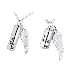 Load image into Gallery viewer, Cylinder Cremation Necklace for Dog Ashes Angel Wing Urn Necklace with Pet Paw Print Memorial Ashes Necklace for Dog/Cat
