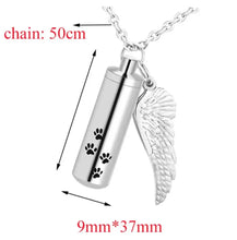 Load image into Gallery viewer, Cylinder Cremation Necklace for Dog Ashes Angel Wing Urn Necklace with Pet Paw Print Memorial Ashes Necklace for Dog/Cat
