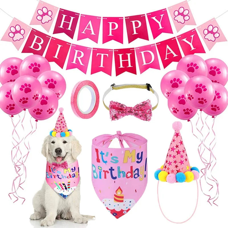 Dog Birthday Party Supplies Birthday Bandana Set with Birthday Hat Scarf Birthday Banner Balloons Party Decorations Supplies