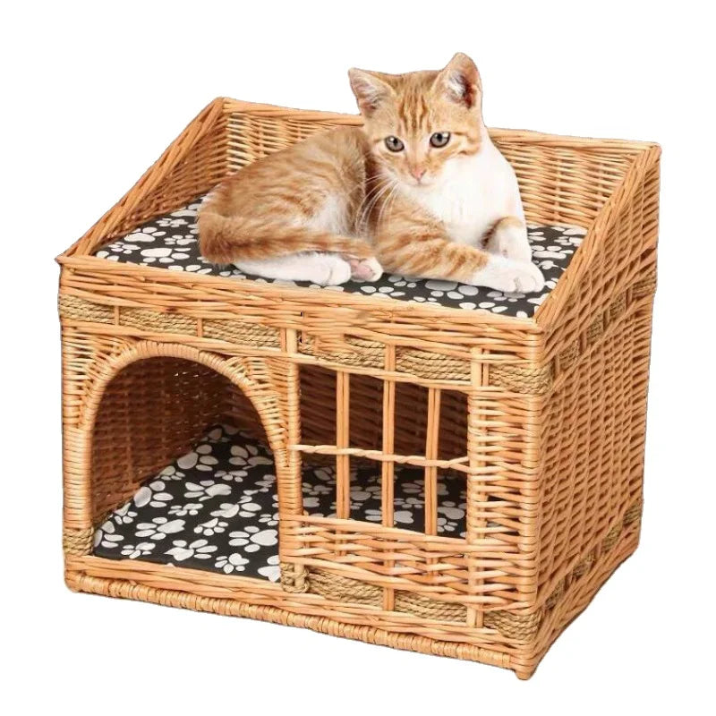 Cat House for Indoor Cats Hand-woven Rattan Designed for Pets Cat Beds With Cozy Soft Cotton Washable Mat