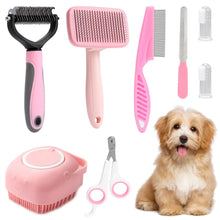 Load image into Gallery viewer, 8-piece dog brush grooming set, pet self-cleaning set, with pet nail clippers and files, flea comb, pet shampoo bath brush, pet
