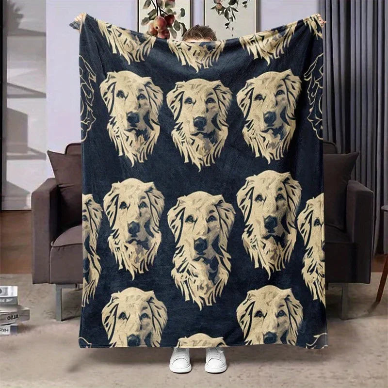 1pc Golden Retriever Print Flannel Throw Blanket - Soft Warm Cozy Texture, Retro Dog Design on White Background