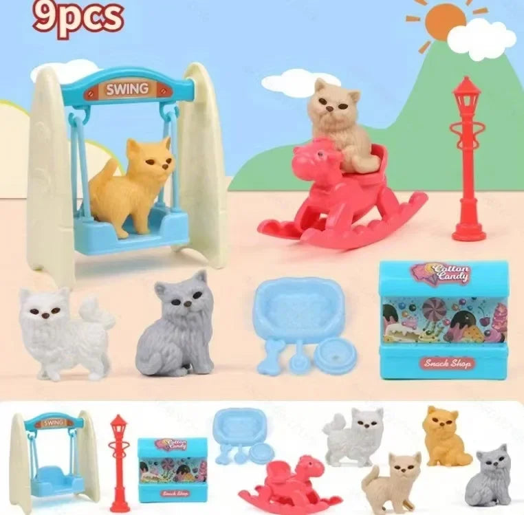 Cute Dog Pet Family Pretend Play Toy with Mini Fashion Cat House Kennel Bathtub Dog Doll Set, Ideal Gift for Kids