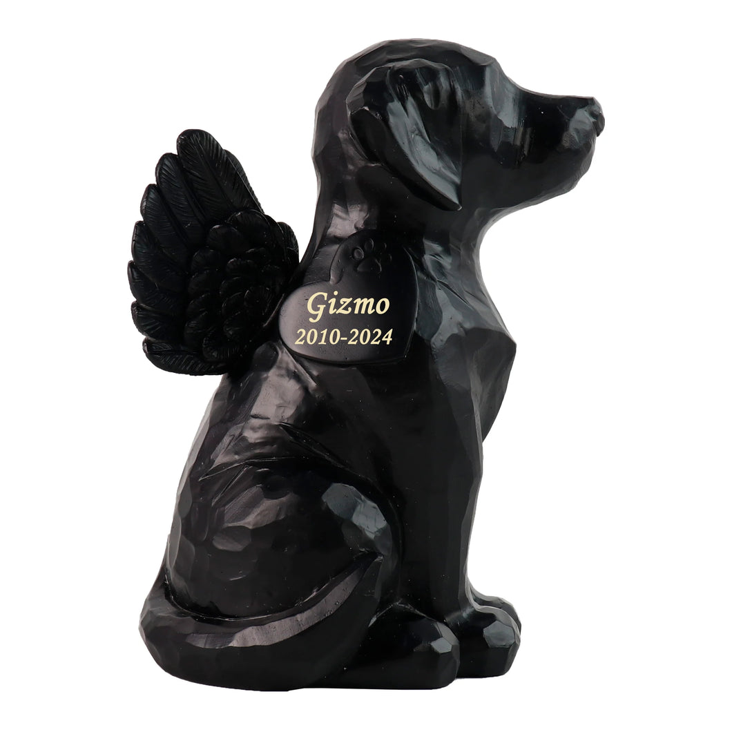 Personalized Black Dog Angel Memorial Garden Statue With Dog Cremation Urn Features- 7.4inch（H）
