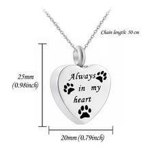Load image into Gallery viewer, 1PC Pet Dog Paw Charm Memorial Funeral Urn for Ashes Animal Necklace Stainless Steel Pendant Cat Ashes Holder Cremation Keepsake

