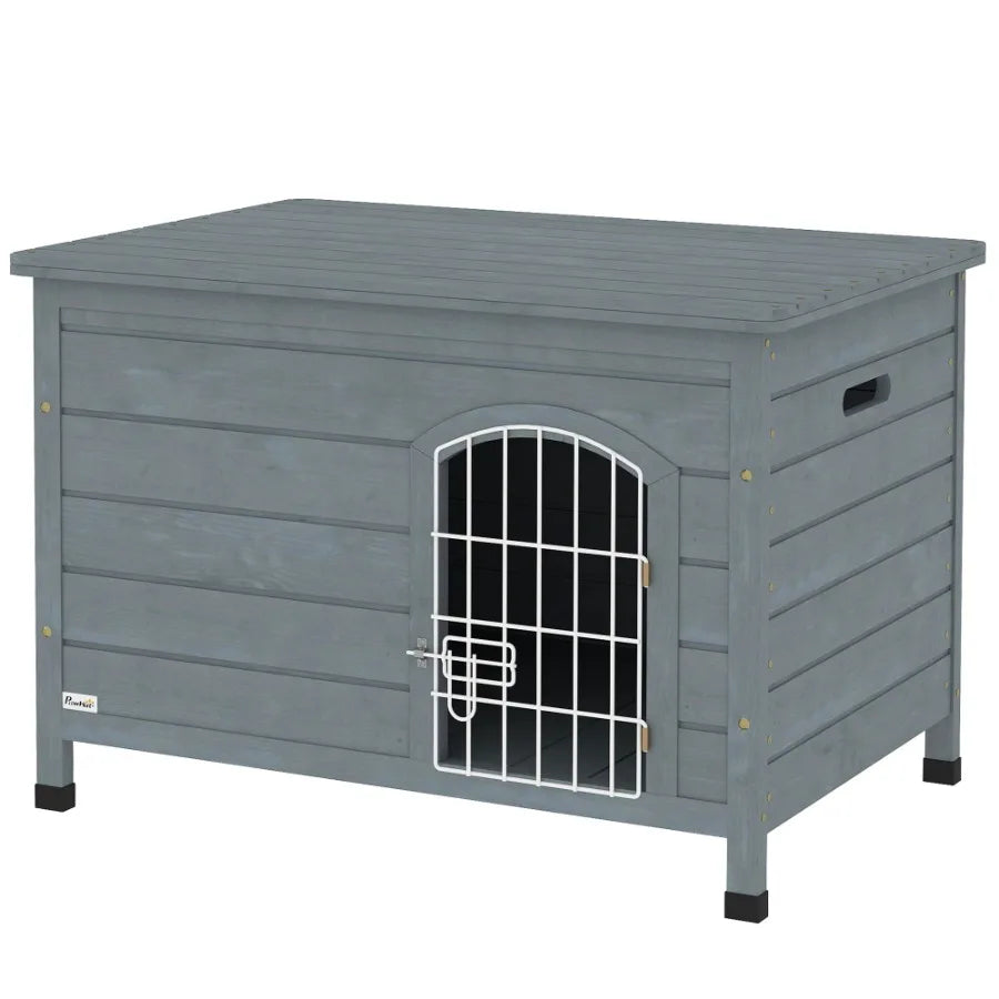 PawHut 31.5L Wooden Drative Dog Cage Kennel Wire Door with Lock Openable Top Removable Bm Dark Gray