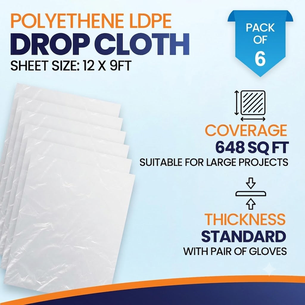 6 Pack 12 x 9 ft Extra Large Plastic Drop Cloth for Painting - Light & Durable Tarp Cover for Furniture - Plastic Clear Tarp Waterproof - Paint Floor Covering - Painters Drop Cloth Sheeting