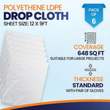 6 Pack 12 x 9 ft Extra Large Plastic Drop Cloth for Painting - Light & Durable Tarp Cover for Furniture - Plastic Clear Tarp Waterproof - Paint Floor Covering - Painters Drop Cloth Sheeting