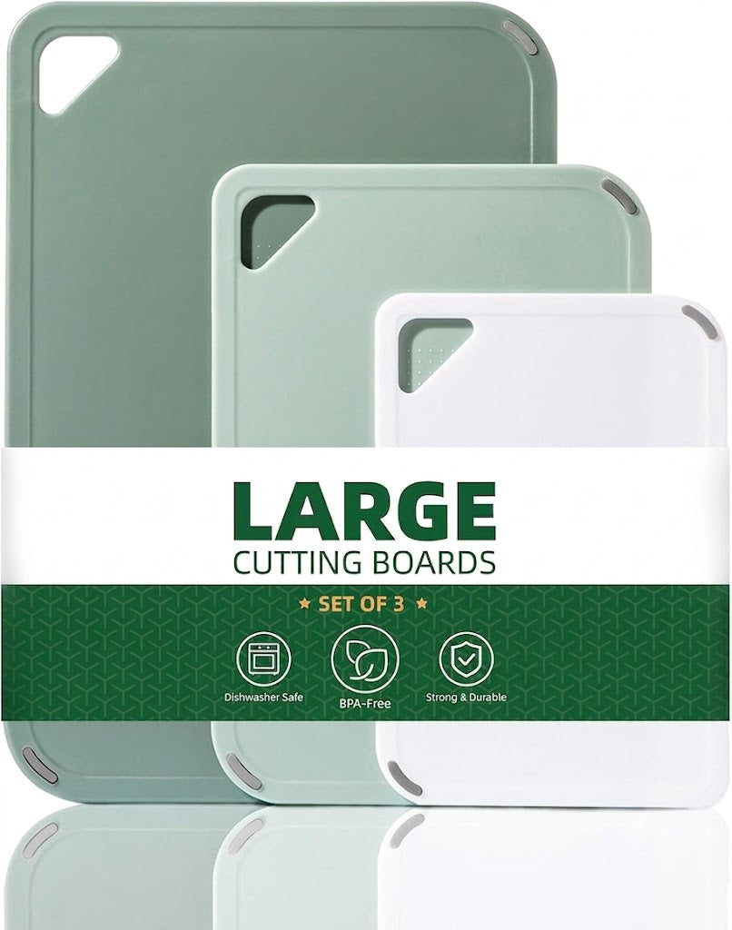 Plastic Cutting Board Set of 3-Cutting Boards for Kitchen BPA Free, Large-Small Chopping Boards Non-Slip for Cooking Camping Dishwasher Safe, Reversible, with Grip Handle, 15"×10"×0.25" Green
