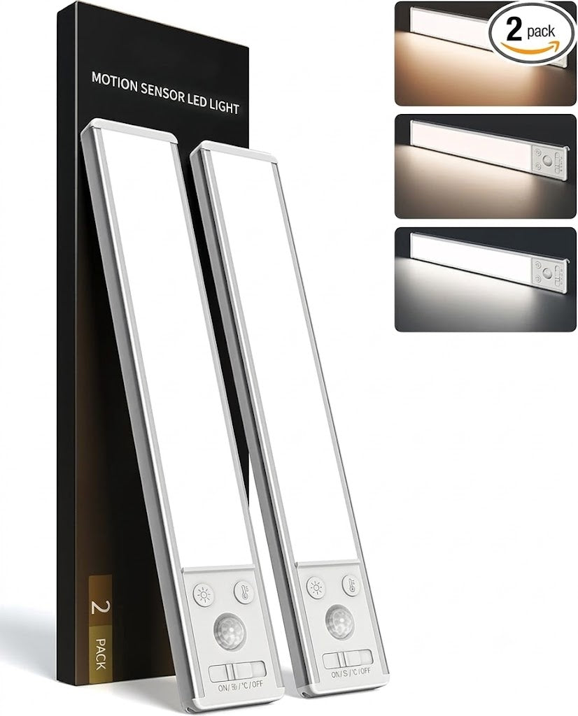 10inch Under Cabinet Lighting, 2500mAh Rechargeable Motion Sensor Lights Indoor with 3 Color Temps, 2 Pack Magnetic Closet Light, 80 LED Dimmable Under Counter Lights for Kitchen, Shelf, Stair