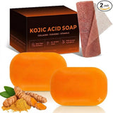 Kojic Acid Soap, Brightening & Hydrating Turmeric Soap Bar for Dark Spots with Vitamin C and Shea Butter, Paraben & Sulfate-Free - 105g x 2 Bars with African Net Sponge