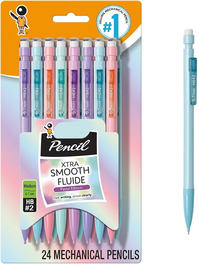 Xtra-Smooth Pastel Mechanical Pencils with Erasers, Medium Point (0.7mm), 24-Count Pack, Bulk Mechanical Pencils for School or Office Supplies