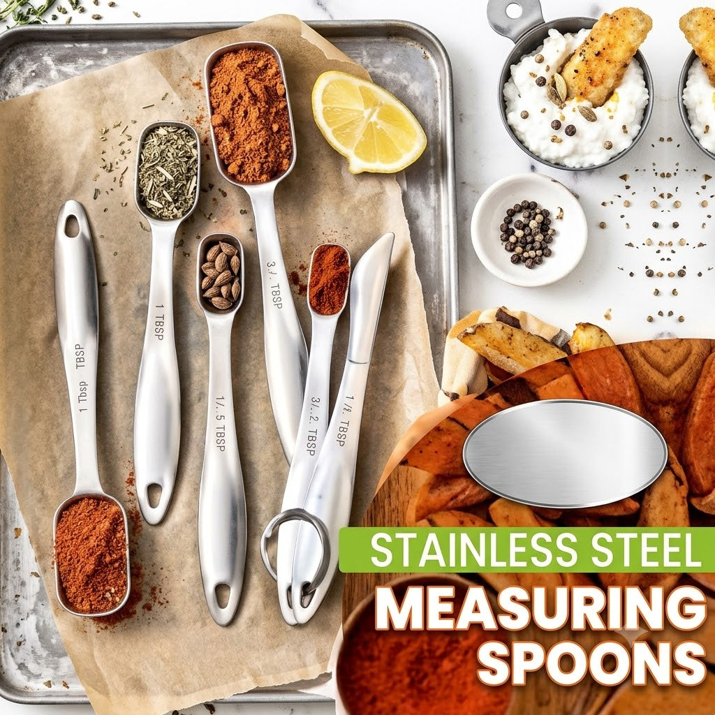 Stainless Steel Measuring Spoons Set of 6 with Leveler, Rectangular Metal Teaspoon & Tablespoon Measuring Spoons for Dry & Liquid Ingredients - Nesting Kitchen Gadgets For Baking & Cooking
