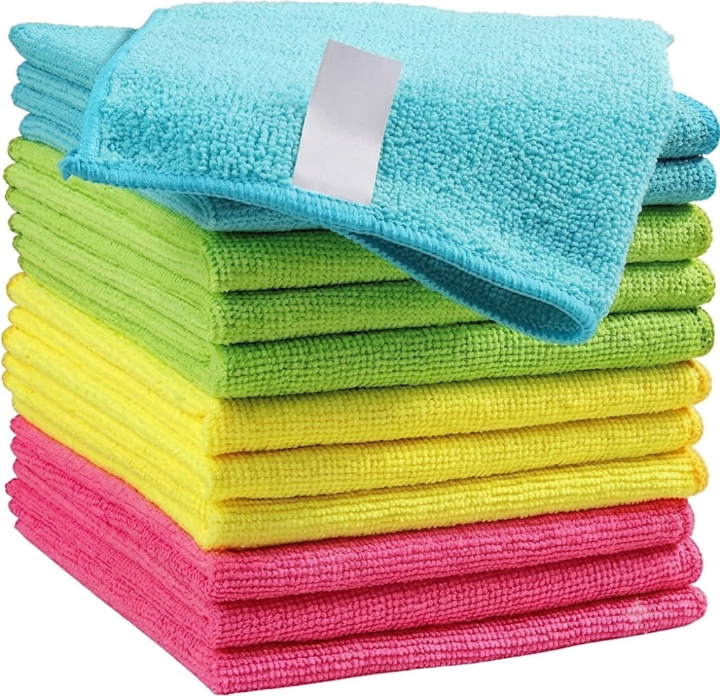 Microfiber Cleaning Cloth 210GSM, Pack of 12, Size:11.5" x 11.5", Ultra-Soft, High-Density Non-Abrasive Cleaning Towels for Cars, Glass, Kitchen, Reusable Rags, Blue/Green/Yellow/Pink