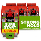 Sure Start Packing Tape, Clear, Quiet Unwind and Easy Start, 1.88 in. x 22.2 yd., 6 Tape Rolls with Dispensers