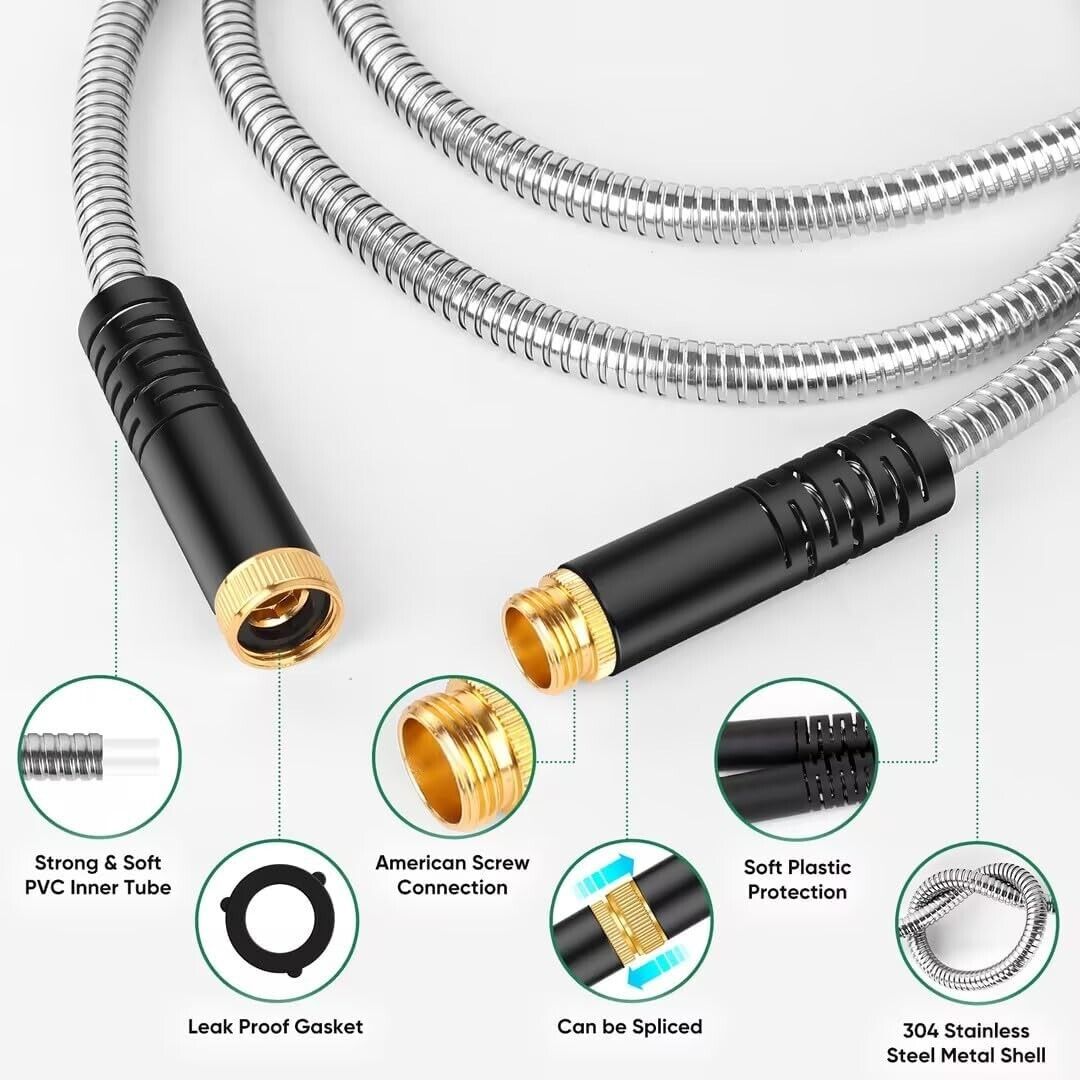 GARDEN HOSE 50ft Heavy Duty Stainless Steel Water Hose with 10 Functional Nozzle