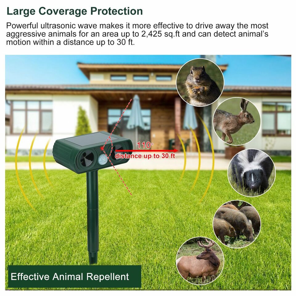 Ultrasonic Animal Repeller Solar Motion Activated Critter Repellent Farm Garden