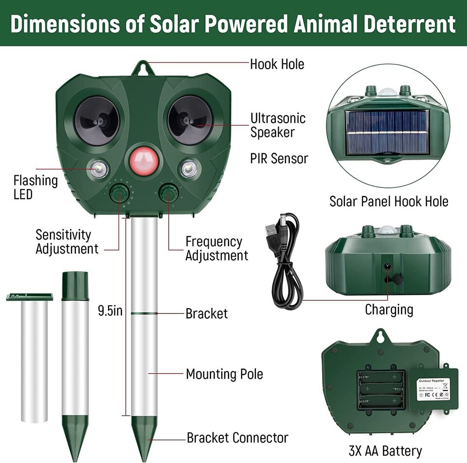 Upgraded Solar Ultrasonic Animal Repellent Dog Cat Skunk Deer Raccoon For Garden