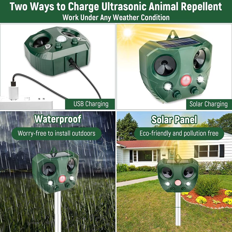 Upgraded Solar Ultrasonic Animal Repellent Dog Cat Skunk Deer Raccoon For Garden